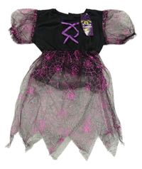 Nové - Černo-růžové saténovo/síťované šaty s pavučinami 