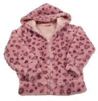 Ružovo-tmavoružová vzorovaná kožušinová jarná bunda s kapucňou