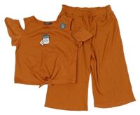 Nové - 2set - Rezavá crop halenka s volnými rameny + culottes kalhoty Primark