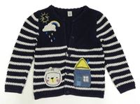 Tmavomodro-biely pruhovaný prepínaci sveter s obrázkami Tu