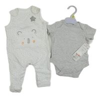 Nové - 2set - Bílé laclové tepláky s medvídkem + šedé body F&F