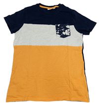 Tmavomodro-sivo-oranžové tričko s vreckom Kids