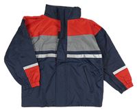 Tmavomodro-sivo-červená šušťáková nepromokavá jarná bunda s ukrývací kapucňou TCM