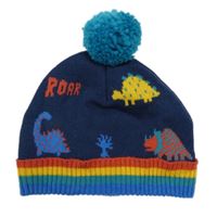 Tmavomodrá pletená čapica s dinosaurami a farebnymi pruhmi a brmbolcom M&S