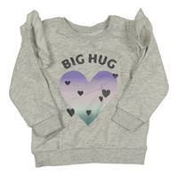 Šedá melírovaná mikina se srdíčky a nápisem a volánky 