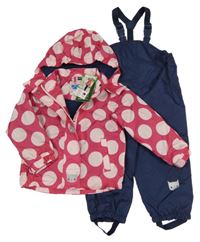 Nové - 2Set - Tmavoružová bodkovaná á šušťáková jarná bunda s kočičkami a odopínacíé kapucí + tmavomodré šušťákové na traké podšité nohavice POCOPIANO