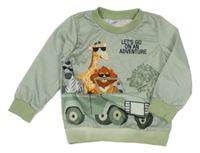 Olivová mikina s jeepem a zvieratkami