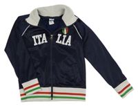 Tmavomodrá prepínaci športová mikina s nápisom a pruhmi