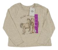 Nové - světlebéžové melírované triko s koníky a nápisem PRIMARK