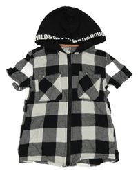 Černo-bílá kostkovaná košile s kapucí s nápisy dopodopo