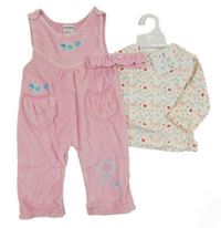 Nové - 3Set - Ružové zamatové na traké tepláky s květy + smotanové tričko s kvietkami a srdiečkami a límečkem + čelenka JUST TOO CUTE