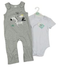Nové - 2Set - Šedé melírované laclové tepláky se zebrou + bílé body 