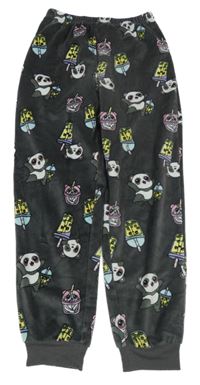 Tmavošedé plyšové pyžamové kalhoty s pandami a nápoji PRIMARK