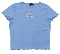 Modré rebrované crop tričko s nápismi New Look