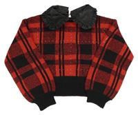 Červeno-čierny kockovaný crop sveter s koženkovým golierikom a kamienkami River Island