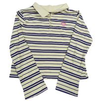 Krémovo-tmavomodro-růžové pruhované polo crop triko s výšivkou H&M