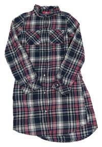 Tmavomodro-bielo-ružové kockované flanelové prepínaci košeľové šaty Yd.