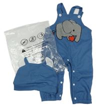 Nové - 2set - Modré rebrované na traké tepláky so slonem + čapica s uškami