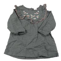 Tmavošedé melírované lehké šaty s výšivkami květů a volánem H&M