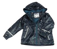 Tmavmodrá nepromokavá lehce zateplená bunda s dinosaurami a kapucňou Lupilu