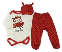 3set - Smetanové body s beruškou + červené puntíkaté polodupky + čepice