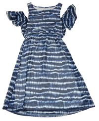 Tmavomodro-bílé batikované šifonové šaty s průstřihy Y.F.K.