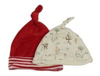 2x čepice - červená sametová + smetanová s oslíky 