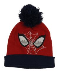 Červeno-tmavomodrá pletená čepice s bambulí - Spiderman