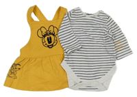 2 set - bílo-modré pruhované body + žluté teplákové laclové šaty s Minnie Disney
