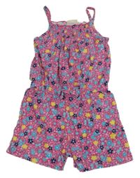 Růžovo-žlutý květovaný kraťasový overal kids