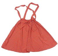 Červená vzorovaná sukňa s trakami a mašlou