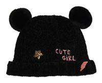 Čierna žinylková čapica s nápisom a bambulemi