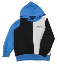 Modro-čierno-biela mikina s nápisom a kapucňou