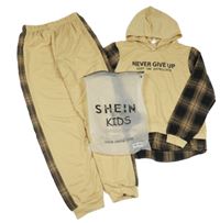 Nové - 2set - Béžovo-hnědo-černá mikina s nápisem a kostkovanými rukávy a kapucí + tepláky s kostkovanými pruhy Shein