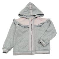 Svetlošedá -svetloružová melírovaná prepínaci mikina s volánikmi a kapucňou