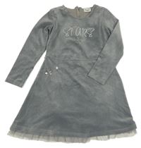 Sivé plyšové šaty s nápisom a flitrami