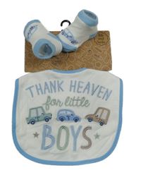 Nové - 2set - Bílo-modrý bryndák s auty + bílo-modré ponožky s auty 