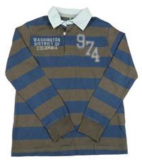 Modro-hnědé pruhované polo triko s nápisy a číslem Benetton