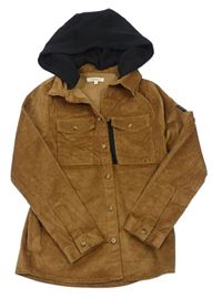Hnedá manšestová košeľová bunda s kapucňou