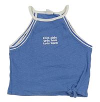 Modrý rebrovaný úpletový crop top s nápisom Zara