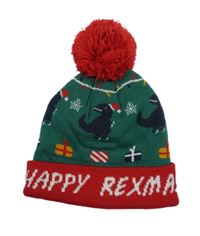 Zeleno-červená čepice s dinosaury a bambulí 