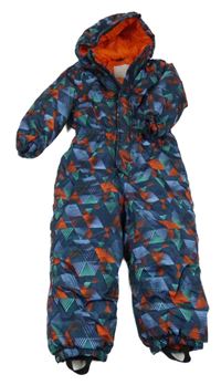 Tmavomodro-zeleno-oranžová vzorovaná šusťáková zimní kombinéza s kapucí 