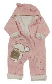 Svetloružová chlpatá podšitá kombinéza s medvedíkom a kapucňou