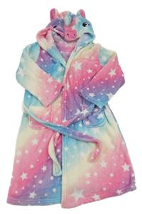 Duhový hviezdičkovaný plyšový župan s kapucí - jednorožec