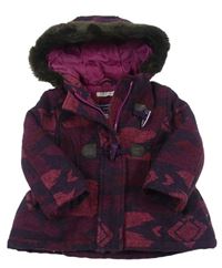 Purpurovo-vínový vzorovaný vlnený zateplený kabát s kapucňou s kožešinou M&S