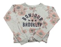 Svetlosivá melírovaná crop mikina s kvetmi a nápismi H&M