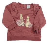 Staroružová mikina s králíčky - Peter Rabbit a volánikmi Tu