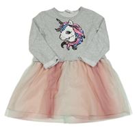 Šedo-růžovo-mátové melírované teplákovo/tylové šaty s jednorožcem s překlápěcími flitry H&M
