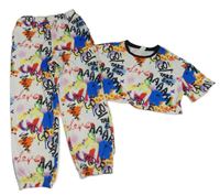 2Set - Bílo-barevno-černé skvrnité crop tričko s graffiti nápisy + tepláky SHEIN