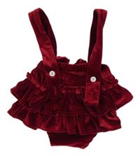 Rubínové zamatové kraťasy s volánikmi a mašlou a trakami zn. SHEIN